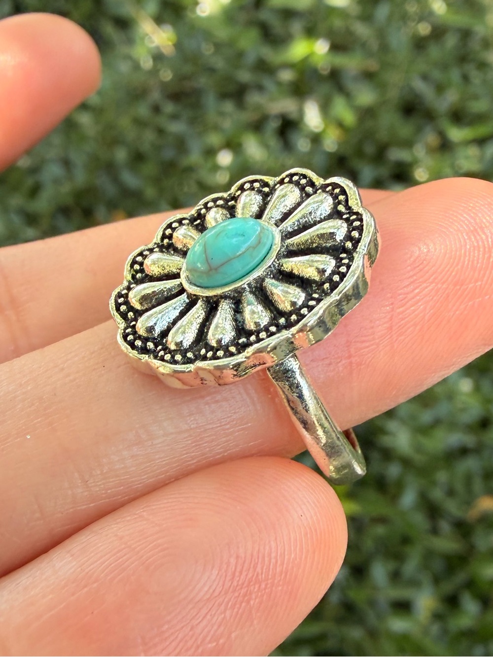 Floral Silver Ring with Turquoise Stone - Ring SIZE 7
